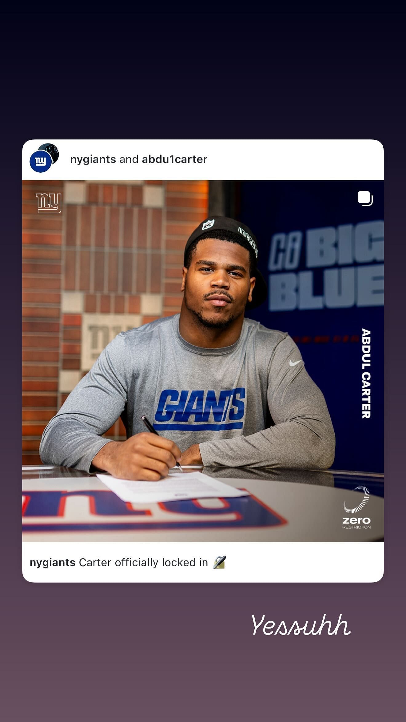 Giants QB Jaxson Dart recated on Abdul Carter signing $45,300,000 rookie contract/@jaxsondart